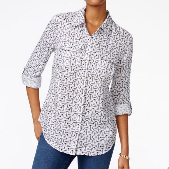 Charter Club Anchor Linen Button Down Top - Picture 1 of 13